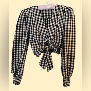 Zara Black And Cream Gingham Print Cropped O-Ring Shirred Cuff Blouse Small